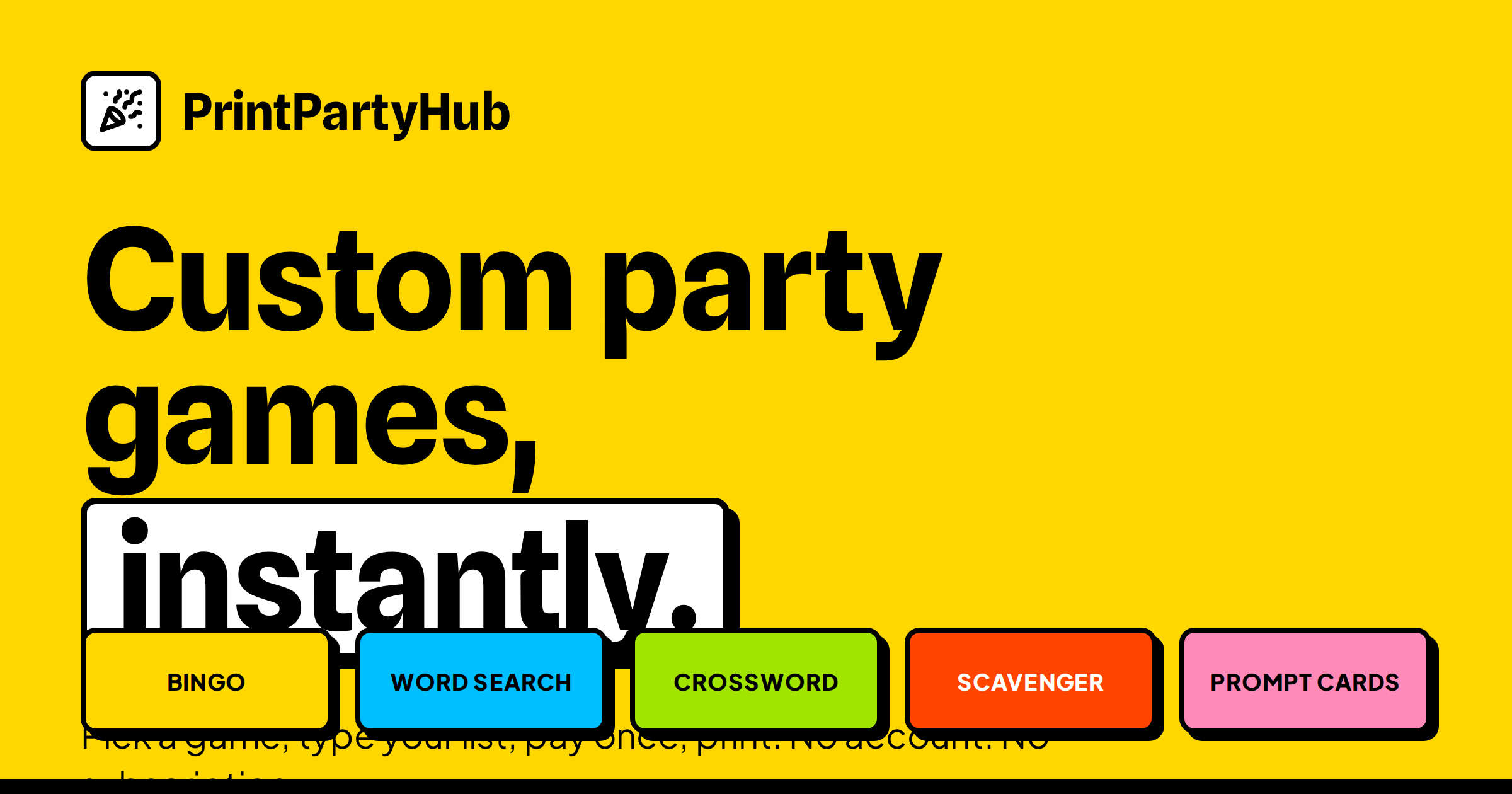 PrintPartyHub — Custom Party Game PDFs, Print & Play in Minutes